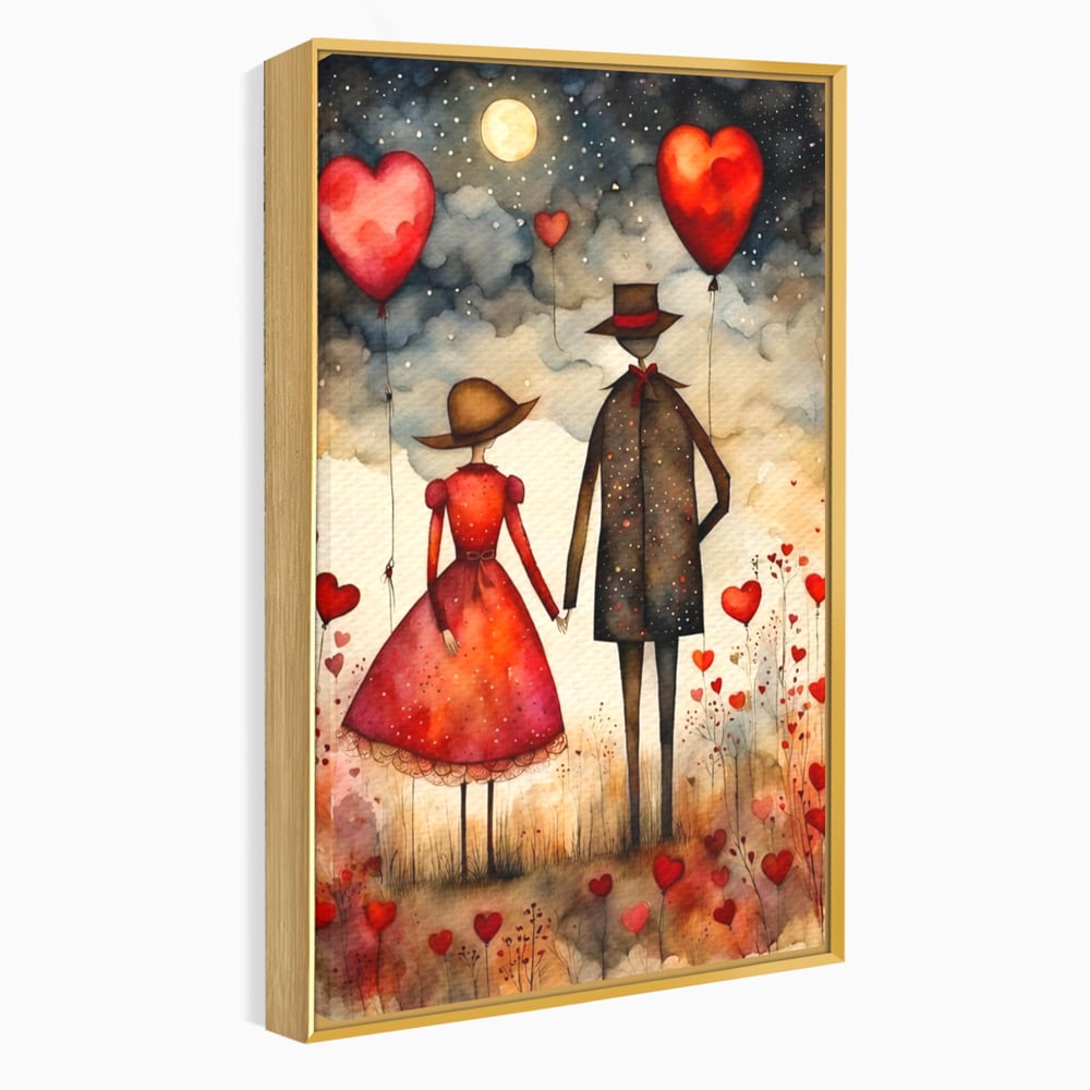 Tablou canvas cu ilustratie cu cuplu si baloane rosii in forma de inima, in rama de aluminiu auriu